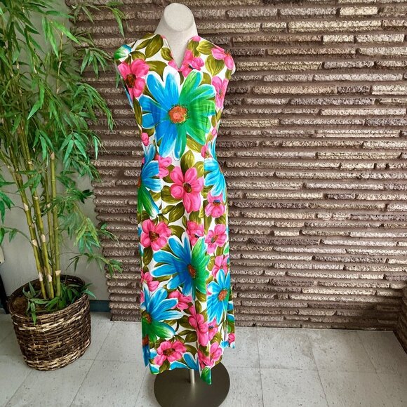 Alice Polynesian Fashions Bold Daisy Floral Maxi Dress Barkcloth Look - Picture 4 of 9